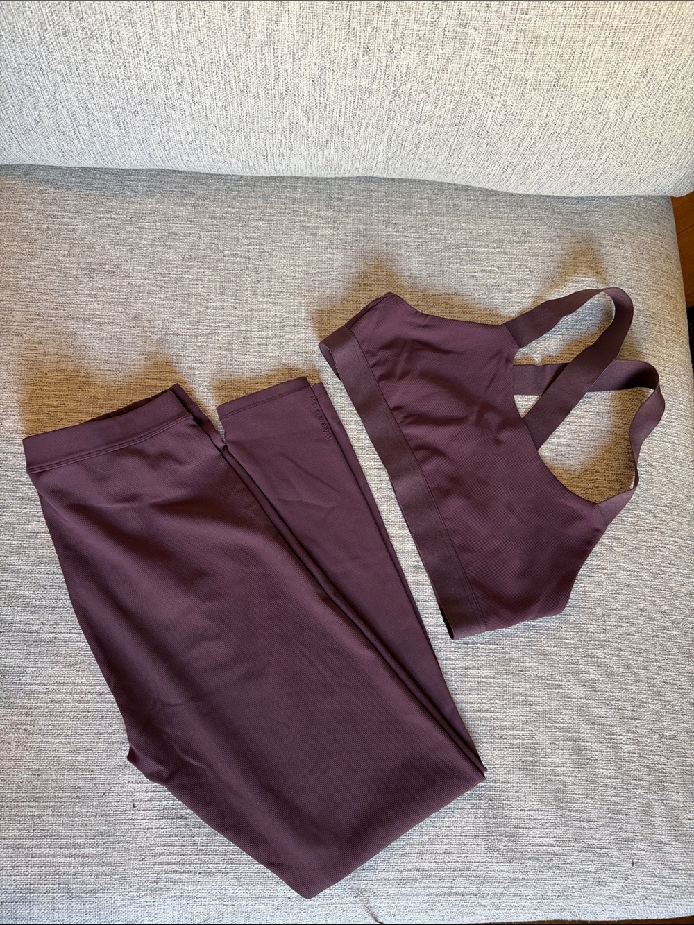Paragon Ribbed High-Waist Active Leggings & Strappy Sports Bra set- Deep Plum
